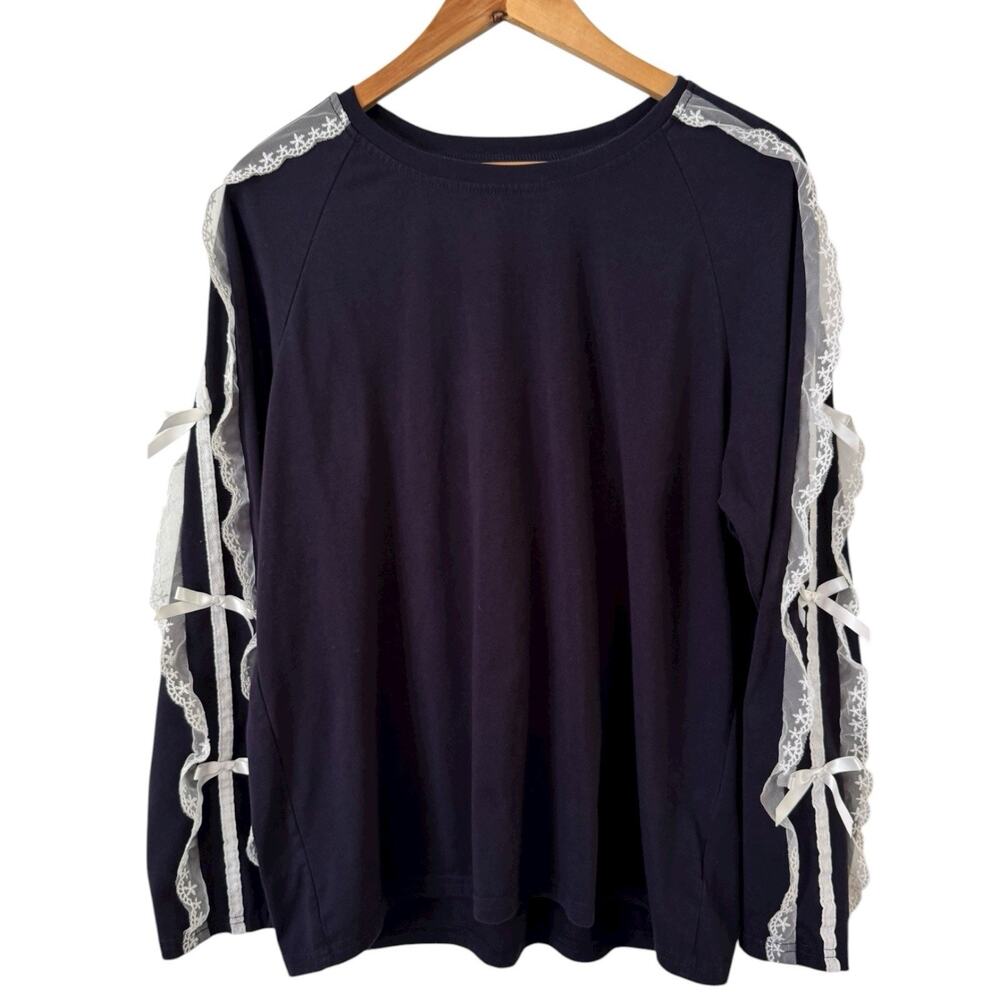 Dazy Navy Blue White Lace Ribbon Sleeve T-Shirt Size Large